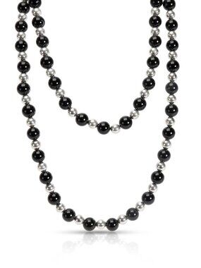 TIFFANY & CO. ONYX 9.525 MM BEADS W/ STERLING 4.76 MM BEADS 28" L. NECKLACE 51